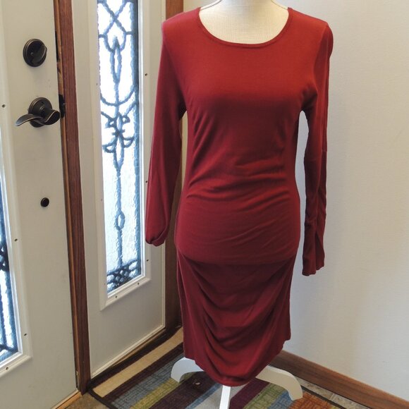 Express Ruched Long Sleeve Bodycon Midi Dress – Burgundy Red, Size M - Picture 1 of 6